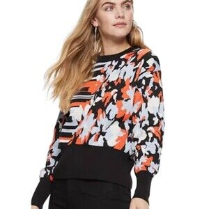 Nine West Sweater Womens Medium Artsy Floral Stripe Stretch Knit Cotton Crewneck